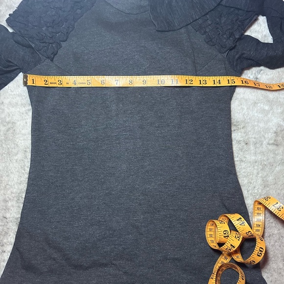 Tenax Charcoal Mock Neck Dress, Black Ruffle Details, Long Semi-Sheer Sleeves - Picture 11 of 13